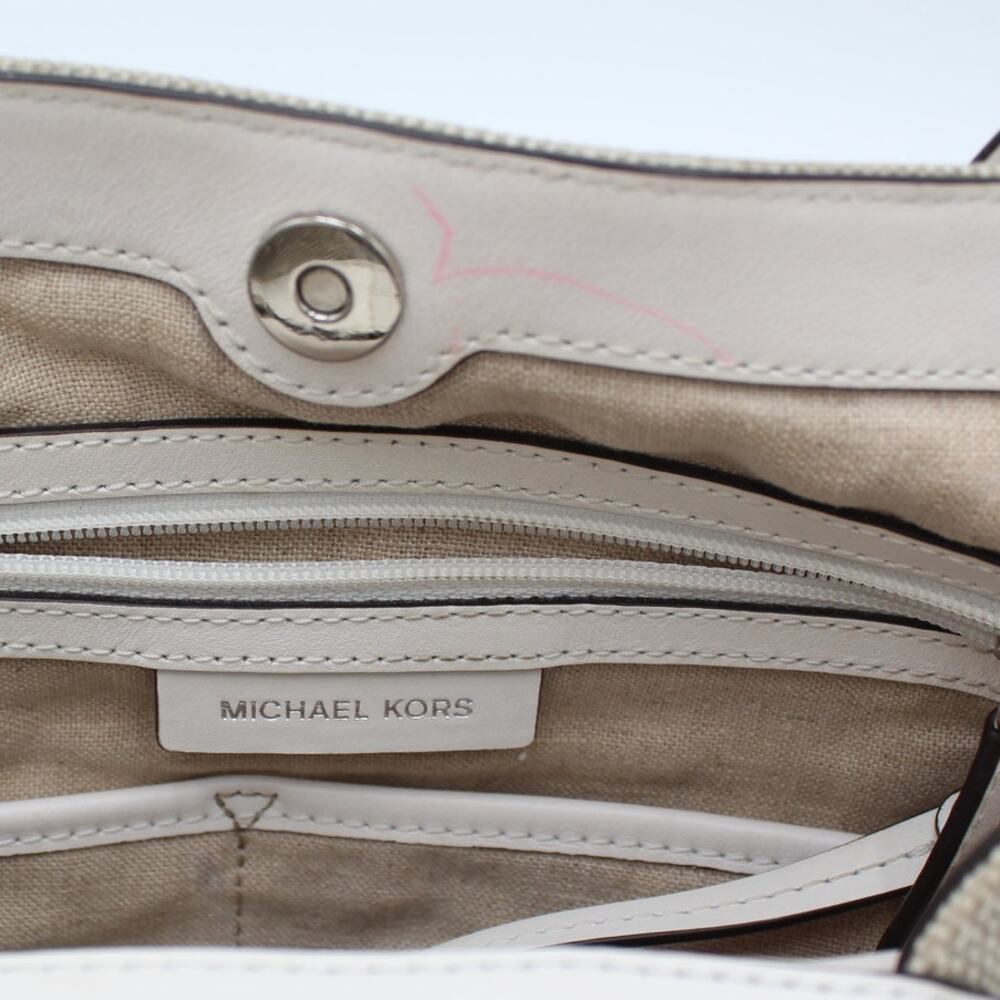 Michael Kors Raven Shoulder Bag Purse Beige White Canvas Fabric Leather Summer - Picture 8 of 12